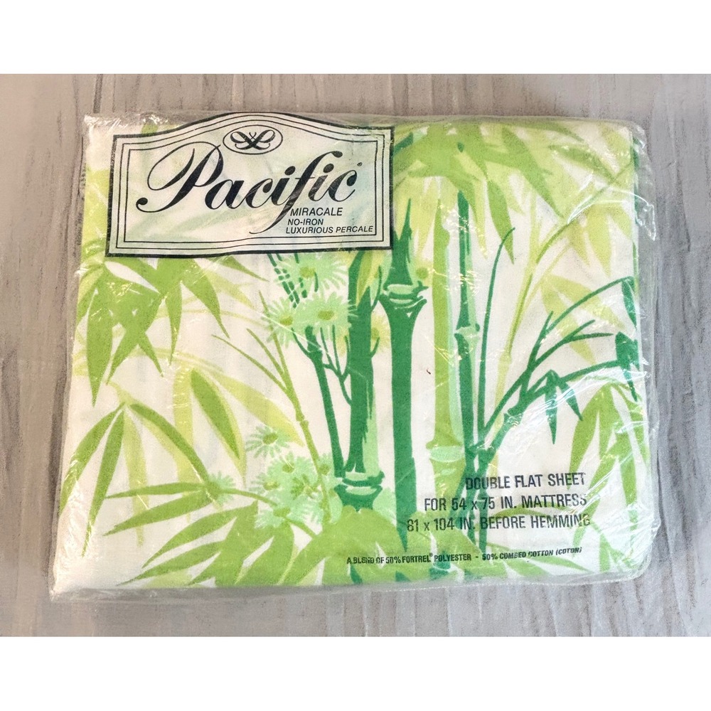 Vintage Pacific Bali Bamboo Double Flat Sheet Green White Mid Century Retro